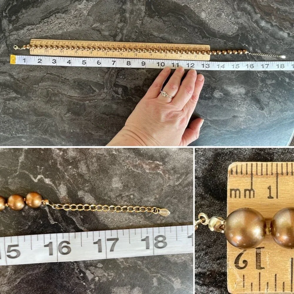 Monet Bronze Colored Faux Pearl Bead Necklace 16 to 18" w/ 8mm Beads Extender - Picture 6 of 9